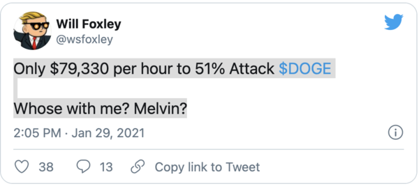 폭슬리 기자 트윗: 단돈 7만9330달러면 도지코인에 51% 공격을 가할 수 있다. 나랑 같이 DOGE 공격할 사람? 멜빈 캐피털, 관심 있으면 연락 주세요.